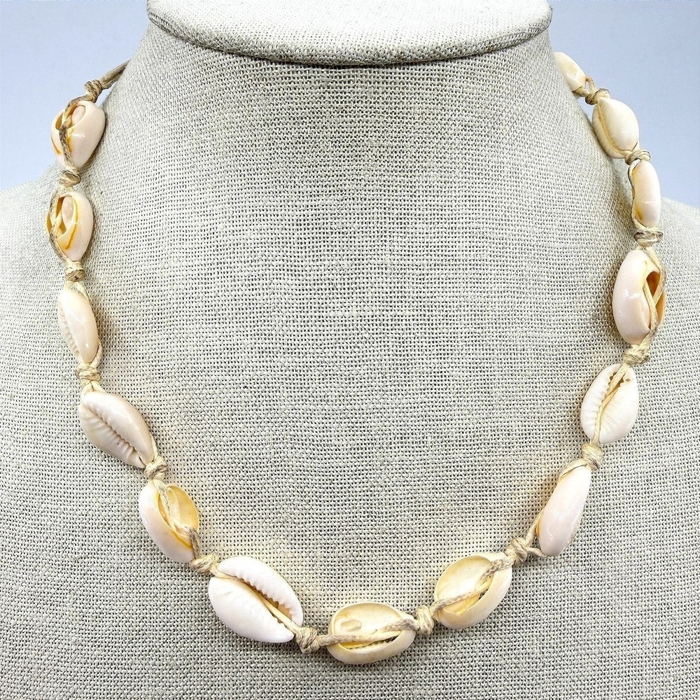 Natural Cowrie Shell Necklace Beige Cord Adjustable Tie Boho Beach Surfer Choker